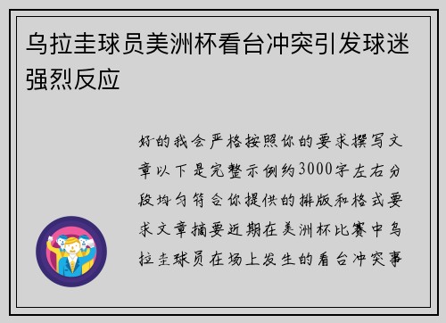 乌拉圭球员美洲杯看台冲突引发球迷强烈反应
